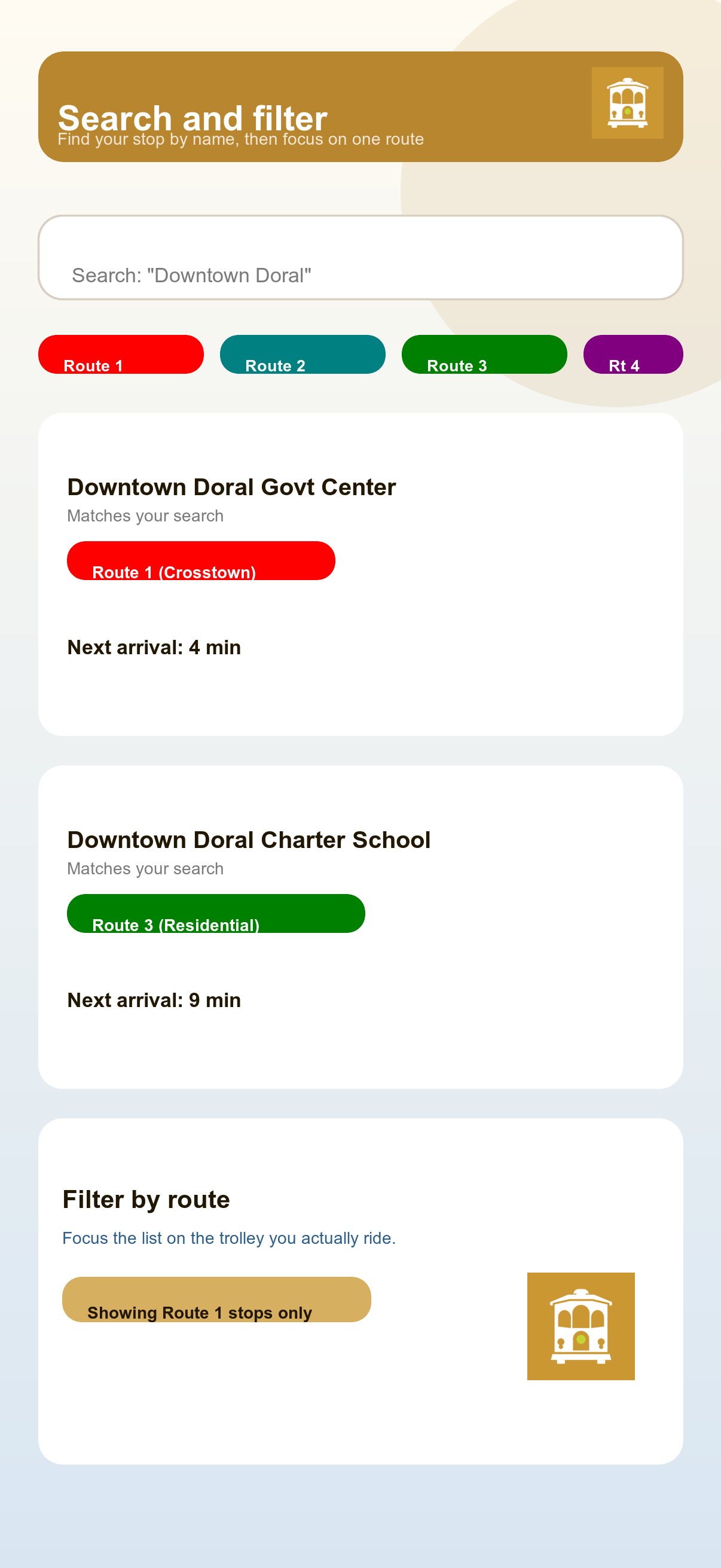 App screen showing stop search results and route filters