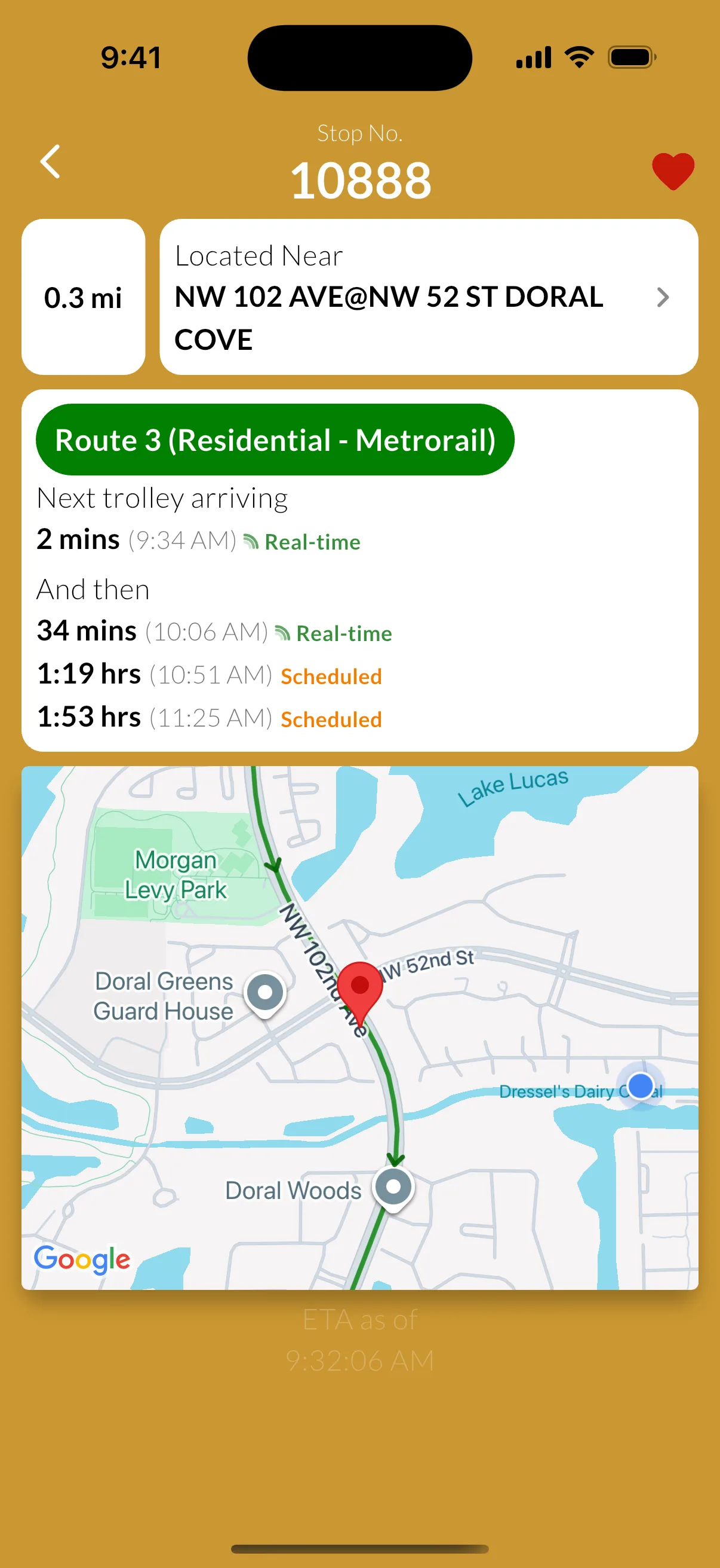 Stop details view showing live and scheduled arrival times for Doral trolley routes